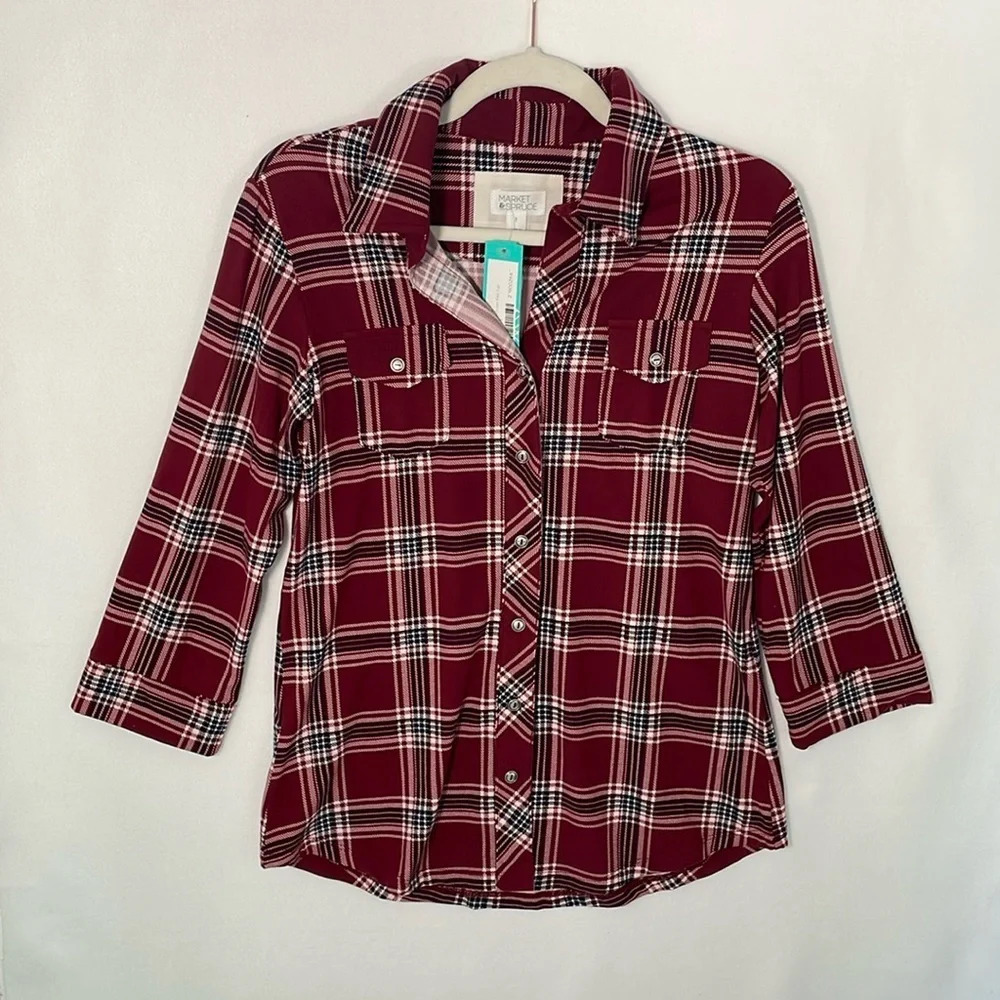 Market & Spruce Perrina Button Down Knit Top 3/4 Burgundy Plaid Women Size Small